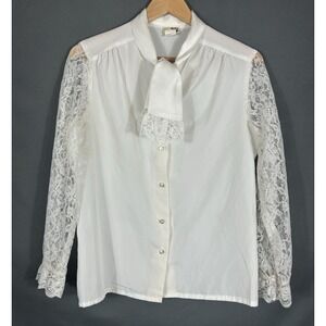 Vintage Sears Button Up Top Cream Lace Jabot Collar Victorian Edwardian Poetcore